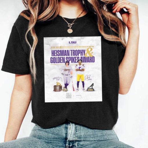 Original Jayden Daniels And Dylan Crews Lsu Heisman Trophy And Golden Spikes Award The First Time In Sec History Winner Signatures T-shirt, Sweatshirt, Hoodie Shirt
