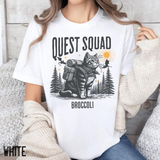 Quest Squad Broccoli Adventure Cat Shirt - Whimsical Gaming Inspired Apparel
