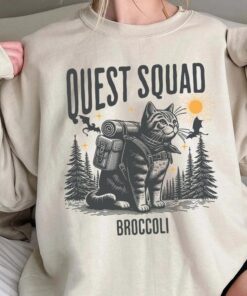 Quest Squad Broccoli Adventure Cat Shirt - Whimsical Gaming Inspired Apparel