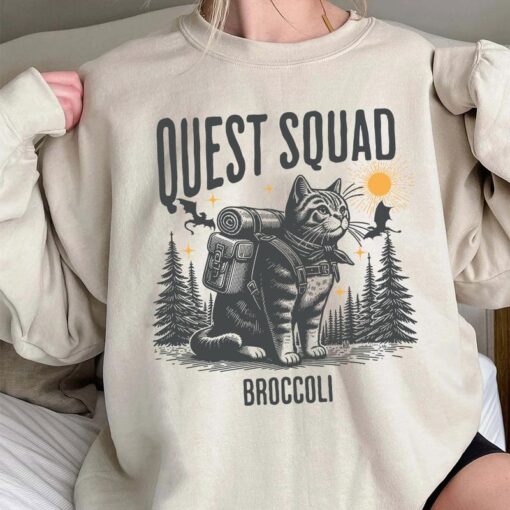 Quest Squad Broccoli Adventure Cat Shirt - Whimsical Gaming Inspired Apparel
