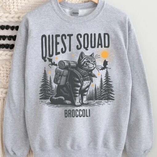 Quest Squad Broccoli Adventure Cat Shirt - Whimsical Gaming Inspired Apparel