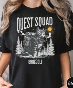 Quest Squad Broccoli Adventure Cat Shirt - Whimsical Gaming Inspired Apparel