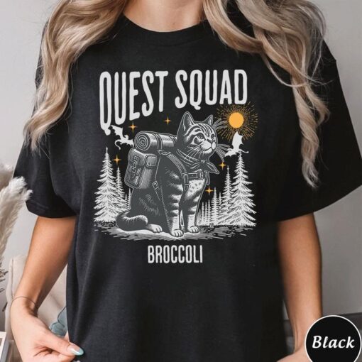 Quest Squad Broccoli Adventure Cat Shirt - Whimsical Gaming Inspired Apparel
