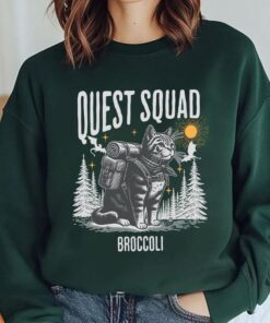 Quest Squad Broccoli Adventure Cat Shirt - Whimsical Gaming Inspired Apparel