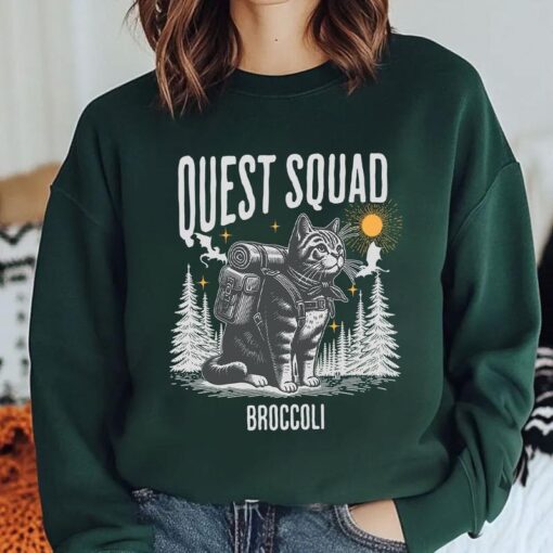 Quest Squad Broccoli Adventure Cat Shirt - Whimsical Gaming Inspired Apparel