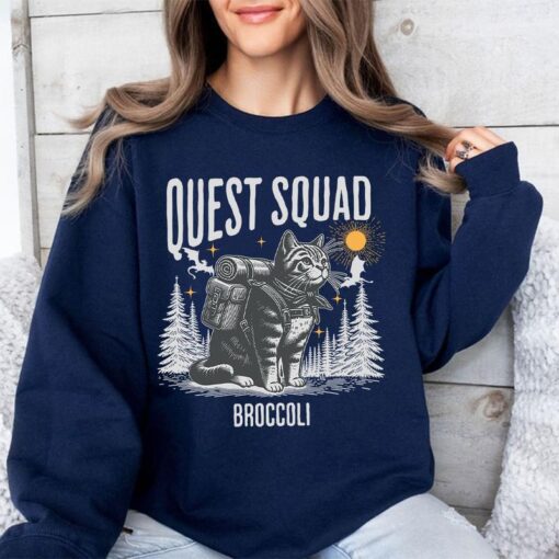 Quest Squad Broccoli Adventure Cat Shirt - Whimsical Gaming Inspired Apparel