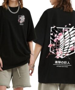 Stylish Anime Attack on Titan T-Shirt with Survey Corps Emblem and Cherry Blossoms