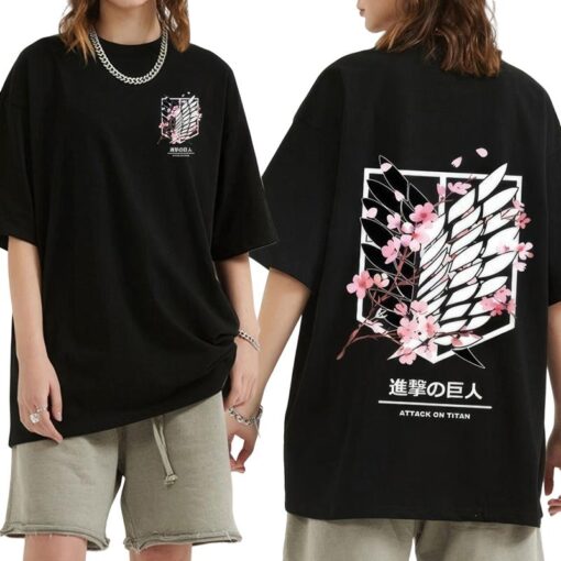 Stylish Anime Attack on Titan T-Shirt with Survey Corps Emblem and Cherry Blossoms