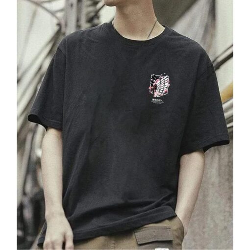 Stylish Anime Attack on Titan T-Shirt with Survey Corps Emblem and Cherry Blossoms