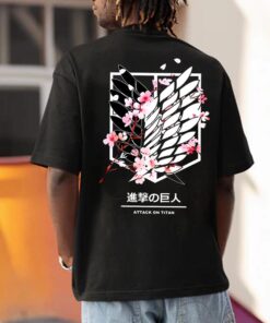 Stylish Anime Attack on Titan T-Shirt with Survey Corps Emblem and Cherry Blossoms