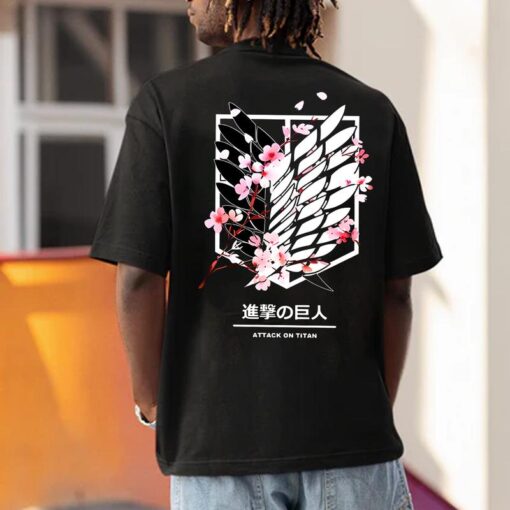 Stylish Anime Attack on Titan T-Shirt with Survey Corps Emblem and Cherry Blossoms