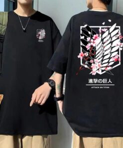 Stylish Anime Attack on Titan T-Shirt with Survey Corps Emblem and Cherry Blossoms