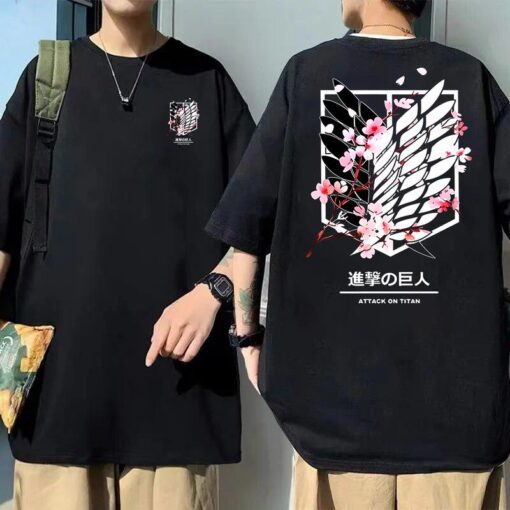 Stylish Anime Attack on Titan T-Shirt with Survey Corps Emblem and Cherry Blossoms