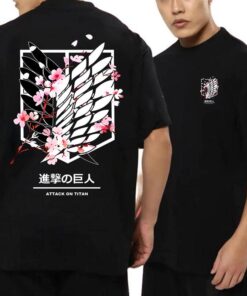 Stylish Anime Attack on Titan T-Shirt with Survey Corps Emblem and Cherry Blossoms