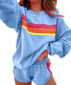 Women's Casual Striped Pullover and Shorts Set - Comfortable Two-Piece Loungewear for Daily Wear and Family Gatherings