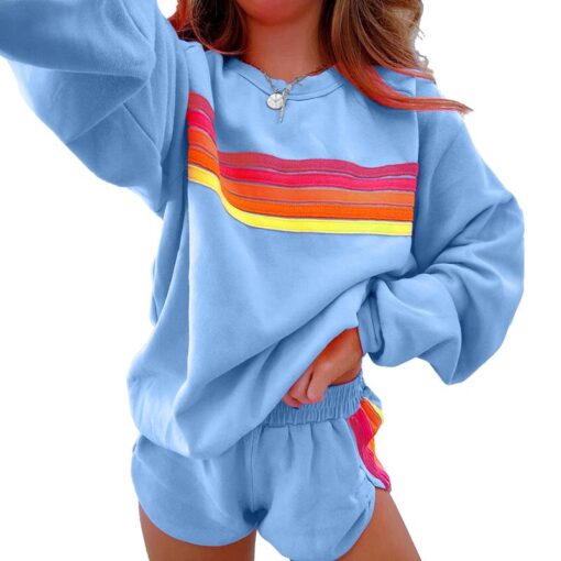 Women's Casual Striped Pullover and Shorts Set - Comfortable Two-Piece Loungewear for Daily Wear and Family Gatherings
