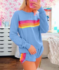 Women's Casual Striped Pullover and Shorts Set - Comfortable Two-Piece Loungewear for Daily Wear and Family Gatherings