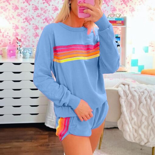 Women's Casual Striped Pullover and Shorts Set - Comfortable Two-Piece Loungewear for Daily Wear and Family Gatherings