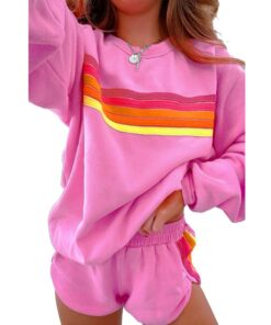 Women's Casual Striped Pullover and Shorts Set - Comfortable Two-Piece Loungewear for Daily Wear and Family Gatherings