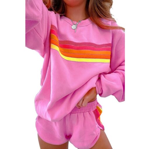 Women's Casual Striped Pullover and Shorts Set - Comfortable Two-Piece Loungewear for Daily Wear and Family Gatherings