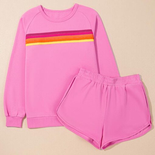 Women's Casual Striped Pullover and Shorts Set - Comfortable Two-Piece Loungewear for Daily Wear and Family Gatherings