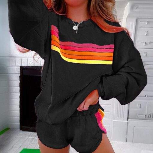 Women's Casual Striped Pullover and Shorts Set - Comfortable Two-Piece Loungewear for Daily Wear and Family Gatherings