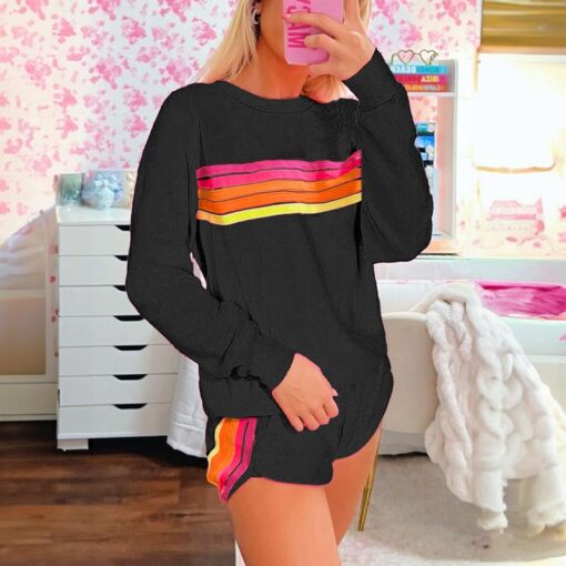 Women's Casual Striped Pullover and Shorts Set - Comfortable Two-Piece Loungewear for Daily Wear and Family Gatherings