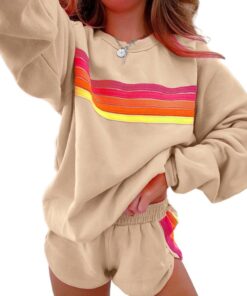 Women's Casual Striped Pullover and Shorts Set - Comfortable Two-Piece Loungewear for Daily Wear and Family Gatherings