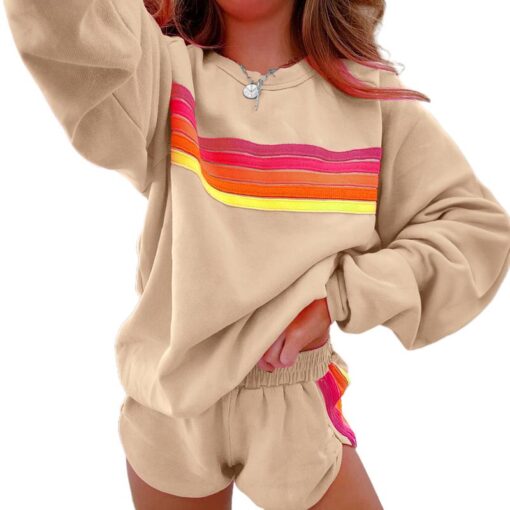 Women's Casual Striped Pullover and Shorts Set - Comfortable Two-Piece Loungewear for Daily Wear and Family Gatherings