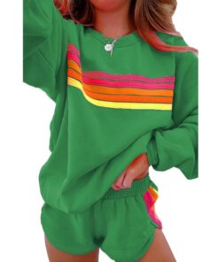 Women's Casual Striped Pullover and Shorts Set - Comfortable Two-Piece Loungewear for Daily Wear and Family Gatherings