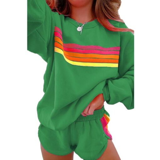 Women's Casual Striped Pullover and Shorts Set - Comfortable Two-Piece Loungewear for Daily Wear and Family Gatherings