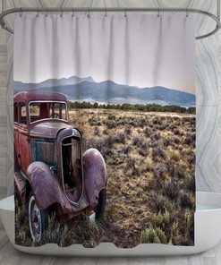 1930s Vintage Car Shower Curtain | Rusted Car in Desert Rustic Bathroom Decor | Timeless Bath Curtains