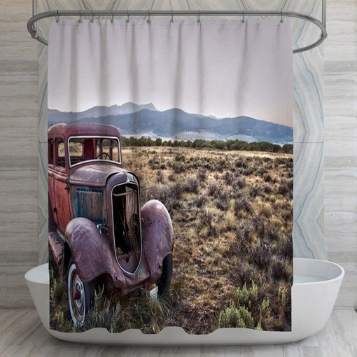 1930s Vintage Car Shower Curtain | Rusted Car in Desert Rustic Bathroom Decor | Timeless Bath Curtains