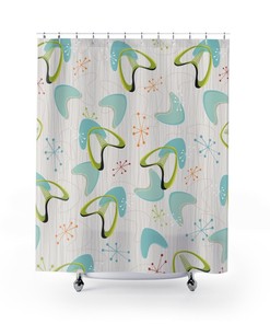 1950s Teal Mid Century Modern Shower Curtain, Vintage Retro Bathroom Decor
