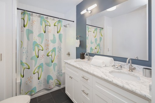 1950s Teal Mid Century Modern Shower Curtain, Vintage Retro Bathroom Decor - Image 2