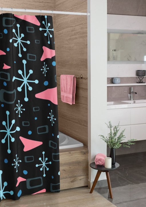 50s Style Black and White Mid Century Inspired Shower Curtain - Classic Bathroom Decor Idea