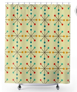 60s Retro Atomic Clock Starburst Modernist Mod Shower Curtain for Vintage Bathroom Decor
