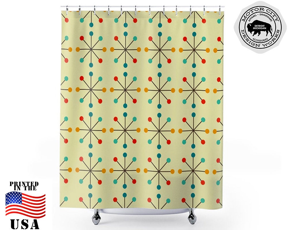 60s Retro Atomic Clock Starburst Modernist Mod Shower Curtain for Vintage Bathroom Decor
