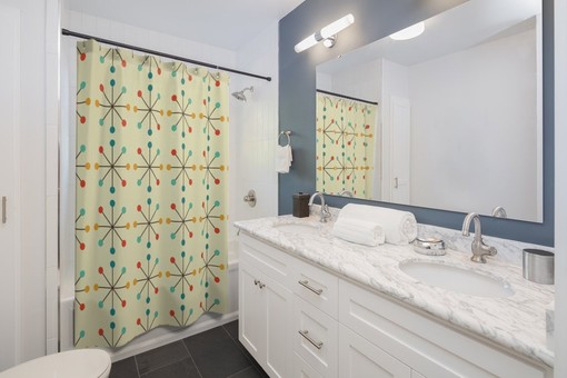 60s Retro Atomic Clock Starburst Modernist Mod Shower Curtain for Vintage Bathroom Decor - Image 2
