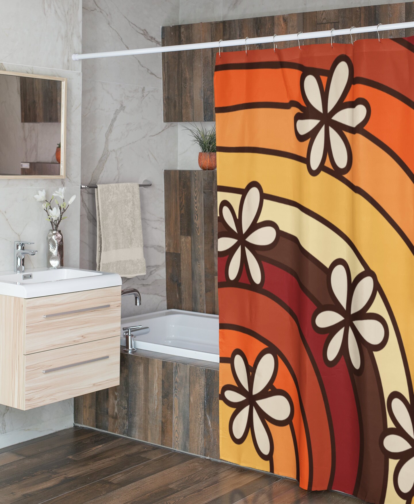 70's Boho Funky Shower Curtain - Retro Bathroom Accessory with Vintage Decor