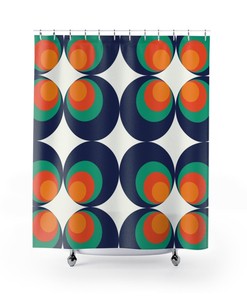 70's Groovy Orb Blue Orange White Mid Modern Hipster Shower Curtain with a Retro Vibe