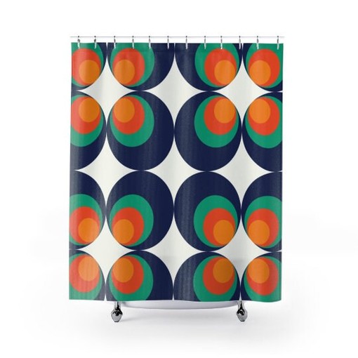 70's Groovy Orb Blue Orange White Mid Modern Hipster Shower Curtain with a Retro Vibe - Image 3