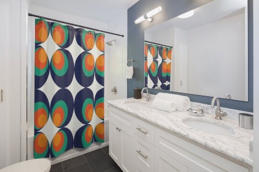 70's Groovy Orb Blue Orange White Mid Modern Hipster Shower Curtain with a Retro Vibe - Image 4