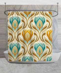 70s Inspired Blue and Yellow Abstract Floral Print Shower Curtain: Retro Touch to Your Bathroom
