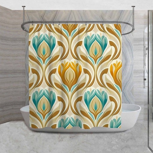 70s Inspired Blue and Yellow Abstract Floral Print Shower Curtain: Retro Touch to Your Bathroom