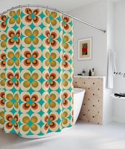 70's Retro Style Shower Curtain in Orange, Teal, Mustard Yellow, Brown, and Beige