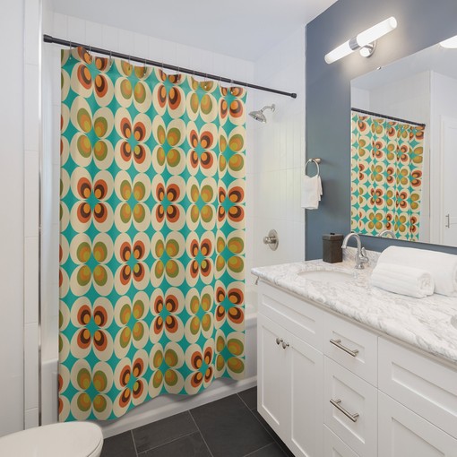 70's Retro Style Shower Curtain in Orange, Teal, Mustard Yellow, Brown, and Beige - Image 2