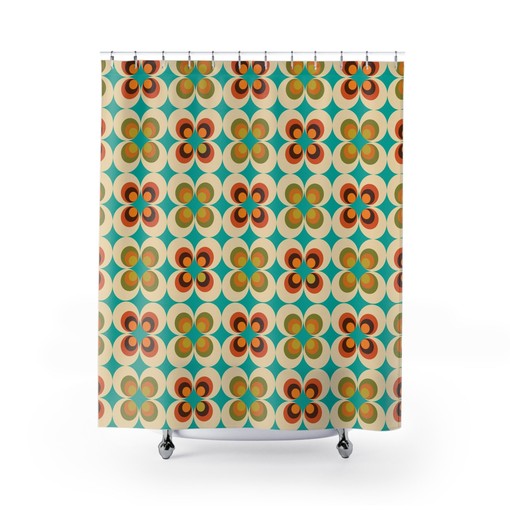 70's Retro Style Shower Curtain in Orange, Teal, Mustard Yellow, Brown, and Beige - Image 3