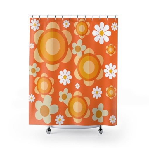 70's Vibe Funky Daisy Orange Mid Mod Shower Curtain for a Bold Retro Look