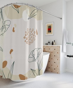 Abstract Art Leaf and Flowers Shower Curtain, Peaceful Warm Earth Colors Modern Contemporary Art